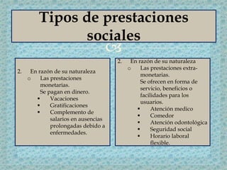 
Tipos de prestaciones
sociales
2. En razón de su naturaleza
o Las prestaciones
monetarias.
Se pagan en dinero.
 Vacaciones
 Gratificaciones
 Complemento de
salarios en ausencias
prolongadas debido a
enfermedades.
2. En razón de su naturaleza
o Las prestaciones extra-
monetarias.
Se ofrecen en forma de
servicio, beneficios o
facilidades para los
usuarios.
 Atención medico
 Comedor
 Atención odontológica
 Seguridad social
 Horario laboral
flexible.
 