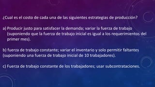 ¿Cual es el costo de cada una de las siguientes estrategias de producción?
a) Producir justo para satisfacer la demanda; variar la fuerza de trabajo
(suponiendo que la fuerza de trabajo inicial es igual a los requerimientos del
primer mes).
b) fuerza de trabajo constante; variar el inventario y solo permitir faltantes
(suponiendo una fuerza de trabajo inicial de 10 trabajadores).
c) Fuerza de trabajo constante de los trabajadores; usar subcontrataciones.
 