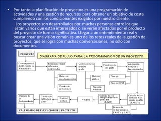 • Por tanto la planificación de proyectos es una programación de
actividades y una gestión de recursos para obtener un objetivo de coste
cumpliendo con los condicionantes exigidos por nuestro cliente.
Los proyectos son desarrollados por muchas personas entre los que
están varios que están interesados o se verán afectados por el producto
del proyecto de forma significativa. Llegar a un entendimiento real y
buscar crear una visión común es uno de los retos reales de la gestión de
proyectos, que se logra con muchas conversaciones, no sólo con
documentos.
 