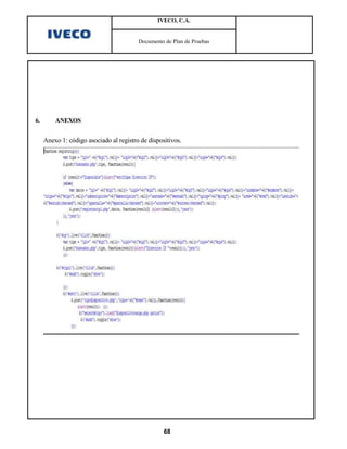 IVECO, C.A.


                                         Documento de Plan de Pruebas




6.       ANEXOS


     Anexo 1: código asociado al registro de dispositivos.




                                                   68
 