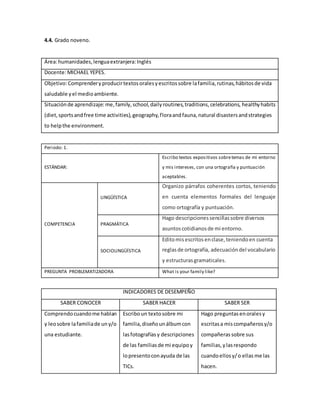 4.4. Grado noveno.
Área:humanidades,lenguaextranjera:Inglés
Docente:MICHAEL YEPES.
Objetivo:Comprendery producirtextosoralesyescritossobre lafamilia,rutinas,hábitosde vida
saludable yel medioambiente.
Situaciónde aprendizaje: me,family,school,dailyroutines,traditions,celebrations, healthyhabits
(diet,sportsandfree time activities),geography,floraandfauna,natural disastersandstrategies
to helpthe environment.
Periodo: 1.
ESTÁNDAR:
Escribo textos expositivos sobretemas de mi entorno
y mis intereses, con una ortografía y puntuación
aceptables.
COMPETENCIA
LINGÜÍSTICA
Organizo párrafos coherentes cortos, teniendo
en cuenta elementos formales del lenguaje
como ortografía y puntuación.
PRAGMÁTICA
Hago descripcionessencillassobre diversos
asuntoscotidianosde mi entorno.
SOCIOLINGÜÍSTICA
Editomisescritosenclase,teniendoen cuenta
reglasde ortografía, adecuacióndel vocabulario
y estructurasgramaticales.
PREGUNTA PROBLEMATIZADORA What is your family like?
INDICADORES DE DESEMPEÑO
SABER CONOCER SABER HACER SABER SER
Comprendocuandome hablan
y leosobre lafamiliade uny/o
una estudiante.
Escriboun textosobre mi
familia,diseñounálbumcon
lasfotografíasy descripciones
de las familias de mi equipoy
lopresentoconayuda de las
TICs.
Hago preguntasenoralesy
escritasa miscompañerosy/o
compañerassobre sus
familias,ylasrespondo
cuandoellosy/o ellas me las
hacen.
 
