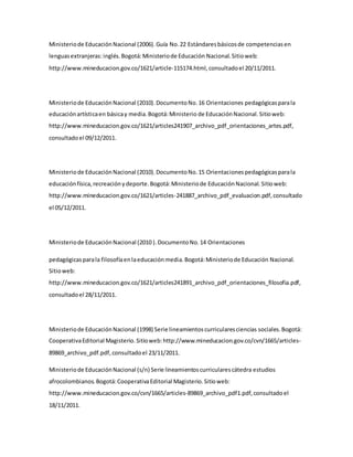 Ministeriode EducaciónNacional (2006).Guía No.22 Estándaresbásicosde competenciasen
lenguasextranjeras:inglés.Bogotá:Ministeriode Educación Nacional.Sitioweb:
http://www.mineducacion.gov.co/1621/article-115174.html,consultadoel 20/11/2011.
Ministeriode EducaciónNacional (2010).DocumentoNo.16 Orientaciones pedagógicasparala
educaciónartísticaen básicay media.Bogotá:Ministerio de EducaciónNacional.Sitioweb:
http://www.mineducacion.gov.co/1621/articles241907_archivo_pdf_orientaciones_artes.pdf,
consultadoel 09/12/2011.
Ministeriode EducaciónNacional (2010).DocumentoNo.15 Orientacionespedagógicasparala
educaciónfísica,recreaciónydeporte.Bogotá:Ministeriode EducaciónNacional. Sitioweb:
http://www.mineducacion.gov.co/1621/articles-241887_archivo_pdf_evaluacion.pdf,consultado
el 05/12/2011.
Ministeriode EducaciónNacional (2010 ).DocumentoNo.14 Orientaciones
pedagógicasparala filosofíaenlaeducaciónmedia.Bogotá:Ministeriode Educación Nacional.
Sitioweb:
http://www.mineducacion.gov.co/1621/articles241891_archivo_pdf_orientaciones_filosofia.pdf,
consultadoel 28/11/2011.
Ministeriode EducaciónNacional (1998) Serie lineamientoscurricularesciencias sociales.Bogotá:
CooperativaEditorial Magisterio.Sitioweb:http://www.mineducacion.gov.co/cvn/1665/articles-
89869_archivo_pdf.pdf,consultadoel 23/11/2011.
Ministeriode EducaciónNacional (s/n) Serie lineamientoscurricularescátedra estudios
afrocolombianos.Bogotá:CooperativaEditorial Magisterio.Sitioweb:
http://www.mineducacion.gov.co/cvn/1665/articles-89869_archivo_pdf1.pdf,consultadoel
18/11/2011.
 