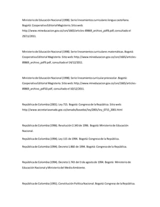 Ministeriode EducaciónNacional (1998).Serie lineamientoscurriculareslengua castellana.
Bogotá: CooperativaEditorialMagisterio.Sitioweb:
http://www.mineducacion.gov.co/cvn/1665/articles-89869_archivo_pdf8.pdf,consultado el
29/11/2011.
Ministeriode EducaciónNacional (1998).Serie lineamientoscurriculares matemáticas.Bogotá:
CooperativaEditorial Magisterio. Sitioweb:http://www.mineducacion.gov.co/cvn/1665/articles-
89869_archivo_pdf9.pdf, consultadoel 14/12/2011.
Ministeriode EducaciónNacional (1998).Serie lineamientocurricularpreescolar.Bogotá:
CooperativaEditorial Magisterio.Sitioweb:http://www.mineducacion.gov.co/cvn/1665/articles-
89869_archivo_pdf10.pdf, consultado el 10/12/2011.
Repúblicade Colombia(2001).Ley 715. Bogotá: Congresode laRepública. Sitioweb:
http://www.secretariasenado.gov.co/senado/basedoc/ley/2001/ley_0715_2001.html
Repúblicade Colombia(1996).Resolución2.343 de 1996. Bogotá:Ministeriode Educación
Nacional.
Repúblicade Colombia(1994).Ley 115 de 1994. Bogotá:Congresode la República.
Repúblicade Colombia(1994).Decreto1.860 de 1994. Bogotá: Congresode la República.
Repúblicade Colombia(1994).Decreto1.743 del 3 de agostode 1994. Bogotá: Ministeriode
Educación Nacional yMinisteriodel MedioAmbiente.
Repúblicade Colombia(1991).ConstituciónPolíticaNacional.Bogotá:Congreso de laRepública.
 