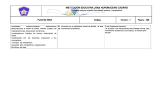 INSTITUCIÓN EDUCATIVA JUAN NEPOMUCENO CADAVID 
“Trazando rutas de inclusión con calidad, esfuerzo y compromiso” 
PLAN DE ÁREA Código: Versión: 1 Página | 108 
Actividades extracurriculares, explicaciones personalizadas a través de fichas, talleres, trabajo con material concreto, observación de láminas. 
Investigaciones, trabajos de campo, elaboración de fichas. 
Socialización con las docentes, exposición a los compañeros. 
Tutorías a los compañeros. 
Ayudantía a los compañeros, explicaciones. 
Monitores del área. 
En convenio con el estudiante, padre de familia y el aval de coordinación académica. 
1 vez (finalizando período) 
De acuerdo a las necesidades (estudiantes nuevos, bajo rendimiento académico) al principio y al final del año escolar 
 
