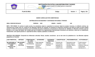 INSTITUCIÓN EDUCATIVA JUAN NEPOMUCENO CADAVID 
“Trazando rutas de inclusión con calidad, esfuerzo y compromiso” 
PLAN DE ÁREA Código: Versión: 1 Página | 153 
DISEÑO CURRICULAR POR COMPETENCIAS 
DISTRIBUCIÓN DE ESTÁNDARES Y CONTENIDOS POR GRADO Y PERÍODO 
ÁREA: CIENCIAS SOCIALES PERÍODO: DOS GRADO: CUARTO IHS: 
META POR GRADO: Al culminar el grado escolar, los estudiantes estará en capacidad de reconocer desde las propias vivencias y la reflexión continua, las relaciones que se tejen entre los grupos de las diferentes regiones de Colombia, los proyectos de desarrollo económico que dentro de ellas se hacen posible gracias a la oferta de recursos que poseen y las necesidades de grupos multiétnicos y de personas en situaciones de debilidad, en diferentes contextos, que han luchado y, con el paso del tiempo, han incidido para que el Estado y las organizaciones internacionales reconozcan sus derechos y velen por su cumplimiento, fortaleciendo, como aporte personal, la capacidad de tolerar, respetar y apostarle a la diferencia. 
OBJETIVO POR PERIODO: Comprende las diferencias culturales, físicas, sociales, económicas que se dan entre los pobladores de las diferentes regiones geográficas en Colombia 
EJES TEMÁTICOS ENFOQUE COMPETENCIAS DEL ÁREA ESTÁNDARES CONTENIDOS TEMÁTICOS CONCEPTUALES PROCEDIMENTALES ACTITUDINALES ME APROXIMO AL CONOCIMIENTO COMO CIENTÍFICO (A) SOCIAL RELACIONES ETICO POLITICAS Cognitivas Procedimental. Interpersonal o socializadora Hago preguntas acerca de los fenómenos políticos, económicos Regiones geográficas de Colombia Ubicación del entorno físico geográfico de Colombia con relación a sus Descripción de las distintas regiones naturales, relieve y actividades económicas. Cuida el entorno físico, el medio ambiente y todos los componentes naturales de mi  