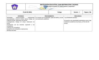 INSTITUCIÓN EDUCATIVA JUAN NEPOMUCENO CADAVID 
“Trazando rutas de inclusión con calidad, esfuerzo y compromiso” 
PLAN DE ÁREA Código: Versión: 1 Página | 166 
CRITERIOS 
PROCEDIMIENTO 
FRECUENCIA 
Actividades extracurriculares, explicaciones personalizadas a través de fichas, talleres, trabajo con material concreto, observación de láminas. 
Investigaciones, trabajos de campo, elaboración de fichas. 
Socialización con las docentes, exposición a los compañeros. 
Tutorías a los compañeros. 
Ayudantía a los compañeros, explicaciones. 
Monitores del área. 
En convenio con el estudiante, padre de familia y el aval de coordinación académica. 
1 vez (finalizando período) 
De acuerdo a las necesidades (estudiantes nuevos, bajo rendimiento académico) al principio y al final del año escolar 
 