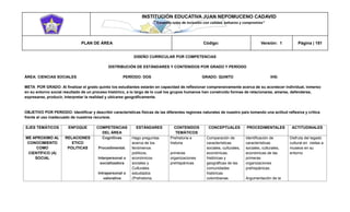 INSTITUCIÓN EDUCATIVA JUAN NEPOMUCENO CADAVID 
“Trazando rutas de inclusión con calidad, esfuerzo y compromiso” 
PLAN DE ÁREA Código: Versión: 1 Página | 181 
DISEÑO CURRICULAR POR COMPETENCIAS 
DISTRIBUCIÓN DE ESTÁNDARES Y CONTENIDOS POR GRADO Y PERÍODO 
ÁREA: CIENCIAS SOCIALES PERÍODO: DOS GRADO: QUINTO IHS: 
META POR GRADO: Al finalizar el grado quinto los estudiantes estarán en capacidad de reflexionar comprensivamente acerca de su acontecer individual, inmerso en su entorno social resultado de un proceso histórico, a lo largo de lo cual los grupos humanos han construido formas de relacionarse, amarse, defenderse, expresarse, producir, interpretar la realidad y ubicarse geográficamente. 
OBJETIVO POR PERIODO: Identificar y describir características físicas de las diferentes regiones naturales de nuestro país tomando una actitud reflexiva y critica frente al uso inadecuado de nuestros recursos. 
EJES TEMÁTICOS ENFOQUE COMPETENCIAS DEL ÁREA ESTÁNDARES CONTENIDOS TEMÁTICOS CONCEPTUALES PROCEDIMENTALES ACTITUDINALES ME APROXIMO AL CONOCIMIENTO COMO CIENTÍFICO (A) SOCIAL RELACIONES ETICO POLITICAS Cognitivas Procedimental. Interpersonal o socializadora Intrapersonal o valorativa Hago preguntas acerca de los fenómenos políticos, económicos sociales y Culturales estudiados (Prehistoria, Prehistoria e historia primeras organizaciones prehispánicas Comparación de características sociales, culturales, económicas, históricas y geográficas de las comunidades históricas colombianas. Identificación de características sociales, culturales, económicas de las primeras organizaciones prehispánicas. Argumentación de la Disfruta del legado cultural en visitas a museos en su entorno  