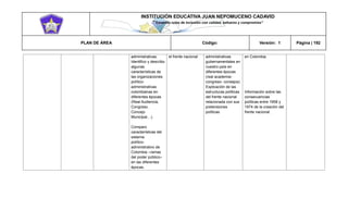 INSTITUCIÓN EDUCATIVA JUAN NEPOMUCENO CADAVID 
“Trazando rutas de inclusión con calidad, esfuerzo y compromiso” 
PLAN DE ÁREA Código: Versión: 1 Página | 192 
administrativas. Identifico y describo algunas características de las organizaciones político- administrativas colombianas en diferentes épocas (Real Audiencia, Congreso, Concejo Municipal…). Comparo características del sistema político- administrativo de Colombia –ramas del poder público– en las diferentes épocas. el frente nacional administrativas gubernamentales en nuestro país en diferentes épocas (real academia- congreso- consejos) Explicación de las estructuras políticas del frente nacional relacionada con sus pretensiones políticas en Colombia. Información sobre las consecuencias políticas entre 1958 y 1974 de la creación del frente nacional.  