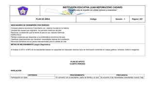 INSTITUCIÓN EDUCATIVA JUAN NEPOMUCENO CADAVID 
“Trazando rutas de inclusión con calidad, esfuerzo y compromiso” 
PLAN DE ÁREA Código: Versión: 1 Página | 201 
INDICADORES DE DESEMPEÑO POR PERÍODO 
Compare sistema económico Colombiano con sistema mundial en la historia 
compare las causas que originaron los períodos históricos del país 
Reconoce el desarrollo que ha tenido el país en sus épocas históricas. 
ESPECIFICO. 
Plantee conjeturas que respondan a la problemática económica del país. 
Clasifique organizaciones que resuelven necesidades básicas de la población 
Reconoce beneficios de los pactos internacionales para la calidad de vida 
METAS DE MEJORAMIENTO (según diagnóstico) 
Al finalizar el 2014 el 80% de los estudiantes estarán en capacidad de interpretar diversos tipos de información contenida en mapas gráficos, símbolos, textos e imágenes. 
PLAN DE APOYO 
CUARTO PERIODO 
NIVELACIÓN 
CRITERIOS 
PROCEDIMIENTO 
FRECUENCIA 
Participación en clase. 
En convenio con el estudiante, padre de familia y el aval 
De acuerdo a las necesidades (estudiantes nuevos, bajo  