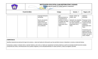 INSTITUCIÓN EDUCATIVA JUAN NEPOMUCENO CADAVID 
“Trazando rutas de inclusión con calidad, esfuerzo y compromiso” 
PLAN DE ÁREA Código: Versión: 1 Página | 215 
propongo formas de cambiarlas. Asumo una posición crítica frente al deterioro del medio ambiente y participo en su protección. país. Reconocimiento de la importancia de practicar el civismo y el cuidado del medio ambiente en la preservación de la Tierra riqueza cultural de nuestro país. Aplicación de campañas en favor del cuidado del medio ambiente y la preservación de la Tierra respeta la diversidad. Proponga normas de civismo para el cuidado del medio ambiente y preservación de la Tierra. Comprende que el espacio público es patrimonio de todos y todas y por eso lo cuida y respeto. 
COMPETENCIA 
Identifica claramente las teorías del origen del universo y valora las fuentes de información que han permitido conocer e interpretar el universo a través del tiempo. 
Comprenda y analiza la división entre un período histórico y otro como un intento por caracterizar los hechos históricos a partir de marcadas transformaciones sociales. 
Comprenda las luchas y reivindicaciones de los pueblos indígenas y de los afrodescendientes en nuestro territorio y valora sus legados culturales. 
 