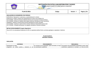 INSTITUCIÓN EDUCATIVA JUAN NEPOMUCENO CADAVID 
“Trazando rutas de inclusión con calidad, esfuerzo y compromiso” 
PLAN DE ÁREA Código: Versión: 1 Página | 216 
INDICADORES DE DESEMPEÑO POR PERÍODO 
ESPECÍFICO: Represente la estructura y características del universo 
ESPECÍFICO: Analice y expone las características de la tierra como planeta vivo 
ACTITUDINAL: Valore los primeros adelantos técnicos de los grupos humanos primitivos 
ACTITUDINAl: Participe en debates sobre etapas históricas marcadas por hitos importantes 
GENÉRICO: Disfrute la riqueza étnica del país participando de actos culturales 
ACTITUDINAL: Exprese su opinión frente a hechos históricos trascendentes para el país 
ACTITUDINAL: Comparte activamente los legados culturales en diversos contextos 
METAS DE MEJORAMIENTO (según diagnóstico) 
Para el 2014, los estudiantes fortalecerán en 60% su capacidad analítica frente a procesos geológicos, espaciales e históricos. 
PLAN DE APOYO 
SEGUNDO PERIODO 
NIVELACIÓN 
CRITERIOS 
PROCEDIMIENTO 
FRECUENCIA 
Participación en clase. 
Integración con actitud positiva y tolerante en los 
En convenio con el estudiante, padre de familia y el aval de coordinación académica. 
De acuerdo a las necesidades (estudiantes nuevos, bajo rendimiento académico) al principio y al final del año  