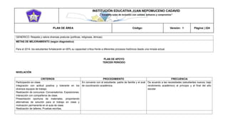 INSTITUCIÓN EDUCATIVA JUAN NEPOMUCENO CADAVID 
“Trazando rutas de inclusión con calidad, esfuerzo y compromiso” 
PLAN DE ÁREA Código: Versión: 1 Página | 224 
GENERICO: Respeta y valora diversas posturas (políticas, religiosas, étnicas). 
METAS DE MEJORAMIENTO (según diagnóstico) 
Para el 2014, los estudiantes fortalecerán en 60% su capacidad crítica frente a diferentes procesos históricos desde una mirada actual. 
PLAN DE APOYO 
TERCER PERIODO 
NIVELACIÓN 
CRITERIOS 
PROCEDIMIENTO 
FRECUENCIA 
Participación en clase. 
Integración con actitud positiva y tolerante en los diversos equipos de trabajo. 
Realización de concursos. Conversatorios. Exposiciones. Interacción con compañeros de clase. 
Presentación oportuna de materiales, proponiendo alternativas de solución para el trabajo en clase y motivación permanente en el aula de clase. 
Realización de talleres, Pruebas escritas. 
En convenio con el estudiante, padre de familia y el aval de coordinación académica. 
De acuerdo a las necesidades (estudiantes nuevos, bajo rendimiento académico) al principio y al final del año escolar 
 
