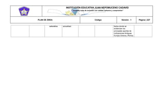 INSTITUCIÓN EDUCATIVA JUAN NEPOMUCENO CADAVID 
“Trazando rutas de inclusión con calidad, esfuerzo y compromiso” 
PLAN DE ÁREA Código: Versión: 1 Página | 227 
valorativa actualidad. factos donde se evidencien los principales aportes de civilizaciones Antiguas Europa (Grecia y Roma)  