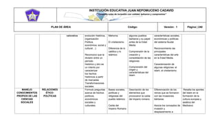 INSTITUCIÓN EDUCATIVA JUAN NEPOMUCENO CADAVID 
“Trazando rutas de inclusión con calidad, esfuerzo y compromiso” 
PLAN DE ÁREA Código: Versión: 1 Página | 240 
valorativa evolución histórica, organización Política, económica, social y cultural…). Reconozco que la división entre un período histórico y otro es un intento por caracterizar los hechos históricos a partir de marcadas Transformaciones sociales. Mahoma El cristianismo Diferencia de lo católico y lo islámico algunos pueblos barbaros y su papel antes de la Edad Media Comprensión de la creación y consolidación de las religiones Comprensión del origen y características del Islam. características sociales, económicas y políticas del sistema feudal. Reconocimiento las principales características del arte en la Edad Media. Caracterización de algunas religiones: el islam, el cristianismo. MANEJO CONOCIMIENTOS PROPIOS DE LAS CIENCIAS SOCIALES RELACIONES ÉTICO- POLÍTICAS Formulo preguntas acerca de hechos políticos, económicos sociales y culturales. Bases sociales, políticas y religiosas del pueblo islámico Caída del Imperio Romano Descripción de los elementos que provocaron la caída del imperio romano Diferenciación de los reinos que se formaron con las invasiones bárbaras Asocia los conceptos de invasión y desplazamiento a .Resalta los aportes del Islam en la formación de la cultura europea y asiática del Medioevo  