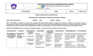 INSTITUCIÓN EDUCATIVA JUAN NEPOMUCENO CADAVID 
“Trazando rutas de inclusión con calidad, esfuerzo y compromiso” 
PLAN DE ÁREA Código: Versión: 1 Página | 246 
DISEÑO CURRICULAR POR COMPETENCIAS 
DISTRIBUCIÓN DE ESTÁNDARES Y CONTENIDOS POR GRADO Y PERÍODO 
ÁREA: CIENCIAS SOCIALES PERÍODO: TRES GRADO: SEPTIMO IHS: 
META POR GRADO: Al finalizar el año lectivo los estudiantes del grados séptimo estarán en capacidad de promover la defensa de la condición humana, el reconocimiento y valoración de las múltiples expresiones de la historia y la cultura como factores de identidad y sentido de la existencia, igualmente se ocuparán de fortalecer los espacios ambientales en las organizaciones sociales a las que pertenecen y la construcción de los compromisos con la democracia y la paz 
OBJETIVO POR PERIODO: Valorar la presencia de legados culturales y el desarrollo de la humanidad en la Europa Feudal. 
EJES TEMÁTICOS ENFOQUE COMPETENCIAS DEL ÁREA ESTÁNDARES CONTENIDOS TEMÁTICOS CONCEPTUALES PROCEDIMENTALES ACTITUDINALES ME APROXIMO AL CONOCIMIENTO COMO CIENTÍFICO (A) SOCIAL RELACIONES CON LA HISTORIA Y LA CULTURA Cognitivas Procedimental. Interpersonal o socializadora Intrapersonal o valorativa Describo características de la organización social, política o económica en algunas culturas y épocas (el feudalismo en el Medioevo.) Reconozco que la La cultura y el papel de la iglesia en la sociedad de la época del feudalismo. la Inquisición Movimientos heréticos Comprensión del papel que jugó la iglesia en las construcciones culturales de la Europa del Medioevo Identificación las situaciones que dieron lugar al Explicación del proceso que condujo a la iglesia romana a constituirse en parte fundamental del poder Reconocimiento de la influencia del humanismo y el Renacimiento sobre las formas de pensar de las Aprecia los cambios culturales que se desarrollaron durante la Edad Media y su relación con la dinámica socioeconómica conoce como influye la iglesia sobre la mentalidad  