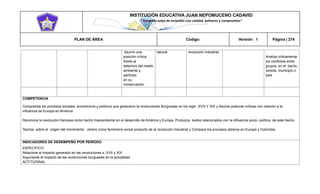 INSTITUCIÓN EDUCATIVA JUAN NEPOMUCENO CADAVID 
“Trazando rutas de inclusión con calidad, esfuerzo y compromiso” 
PLAN DE ÁREA Código: Versión: 1 Página | 274 
Asumo una posición crítica frente al deterioro del medio ambiente y participo en su conservación. laboral revolución industrial Analiza críticamente los conflictos entre grupos: en el barrio, vereda, municipio o país 
COMPETENCIA 
Comprenda los procesos sociales, económicos y políticos que generaron la revoluciones Burguesas en los siglo XVIII Y XIX y Asuma posturas críticas con relación a la influencia de Europa en América 
Reconoce la revolución francesa como hecho trascendental en el desarrollo de América y Europa. Produzca textos relacionados con la influencia socio- política de este hecho. 
Teoriza sobre el origen del movimiento obrero como fenómeno social producto de la revolución industrial y Compara los procesos obreros en Europa y Colombia. 
INDICADORES DE DESEMPEÑO POR PERÍODO 
ESPECIFICO 
Relacione el impacto generado en las revoluciones s. XVII y XIX 
Argumente el impacto de las revoluciones burgueses en la actualidad 
ACTITUDINAL  