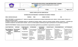 INSTITUCIÓN EDUCATIVA JUAN NEPOMUCENO CADAVID 
“Trazando rutas de inclusión con calidad, esfuerzo y compromiso” 
PLAN DE ÁREA Código: Versión: 1 Página | 278 
DISEÑO CURRICULAR POR COMPETENCIAS 
DISTRIBUCIÓN DE ESTÁNDARES Y CONTENIDOS POR GRADO Y PERÍODO 
ÁREA: CIENCIAS SOCIALES PERÍODO: TRES GRADO: OCTAVO IHS: 
META POR GRADO: Los estudiantes de 8° estarán en capacidad de interrelacionar conceptos fundamentales como: relación – hombre, espacio- tiempo; en la dinámica económica y social. 
Al finalizar el grado octavo los estudiantes estarán en capacidad de Comparar, debatir y valorar los procesos sociales, políticos, económicos, y culturales que permitieron la aparición de la edad moderna. Además .asumir los medios legales constituidos para lograr la participación en la vida política y económica 
OBJETIVO POR PERIODO: Fortalecer procesos de enseñanza-aprendizaje significativos que posibiliten la argumentación y proporción 
EJES TEMÁTICOS ENFOQUE COMPETENCIAS DEL ÁREA ESTÁNDARES CONTENIDOS TEMÁTICOS CONCEPTUALES PROCEDIMENTALES ACTITUDINALES ME APROXIMO AL CONOCIMIENTO COMO CIENTÍFICO (A) SOCIAL RELACIONES ESPACIO- AMBIENTALES Cognitivas Procedimental. Interpersonal o socializadora Intrapersonal o valorativa Formulo preguntas acerca de hechos políticos, económicos sociales y culturales. Identificar las características físicas, Posición geográfica y astronómica del continente Americano Generalidades del continente: Relieve, hidrografía, climas, regiones naturales, división Política. Identificación de diferentes actividades económicas (Producción, distribución y consumo…) en diferentes sectores económicos (Agrícola, Ganadero, Descripción y localización de las principales características de la geografía física de américa: Limites, Puntos extremos, relieve, hidrografía. ETC. Expresa en forma asertiva, sus puntos de vista e intereses en las discusiones grupales Asuma con responsabilidad sus actividades escolares,  