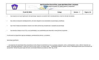 INSTITUCIÓN EDUCATIVA JUAN NEPOMUCENO CADAVID 
“Trazando rutas de inclusión con calidad, esfuerzo y compromiso” 
PLAN DE ÁREA Código: Versión: 1 Página | 28 
• Que propone una nueva organización del aprendizaje: espacios curriculares multi y transdisciplinares, al servicio del plan de estudios. 
• Que utiliza la evaluación estratégicamente y de modo integrado con las actividades de aprendizaje y enseñanza. 
• Que mide el trabajo del estudiante, teniendo como telón de fondo las competencias o resultados de aprendizaje. 
• Que aborda el trabajo con las TICs y sus posibilidades y sus posibilidades para desarrollar nuevas formas de aprender. 
A continuación se especifican algunas estrategias y planteamientos teóricos a considerar. 
Aprendizaje significativo 
“…Las exigencias del aprendizaje eficaz propuestas por este enfoque se caracterizan por ser un proceso constructivo, activo, contextualizado, social y reflexivo” Aprender con sentido, aprendizaje significativo, a partir de lo que se conoce, activo y con tareas reales…” (FERNANDEZ MARCH, Amparo. Artículo “Metodologías activas para la formación del pensamiento” Revista Educación siglo XXI № 24, Universidad Politécnica de Valencia, 2006. Pág. 35 56) 
 