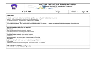 INSTITUCIÓN EDUCATIVA JUAN NEPOMUCENO CADAVID 
“Trazando rutas de inclusión con calidad, esfuerzo y compromiso” 
PLAN DE ÁREA Código: Versión: 1 Página | 283 
COMPETENCIA 
Analiza el surgimiento de los sistemas económicos y políticos como resultado de las diferentes revoluciones 
Relaciona procesos socio-económicos e históricos de los siglos XIX y XX. 
Argumenta los procesos independentistas en América en el siglo XIX. 
Reconozca claramente el origen de los derechos humanos y su clasificación. 
Argumenta con propiedad sobre la situación de los derechos humanos en Colombia y defienda los derechos humanos contemplados en la constitución 
INDICADORES DE DESEMPEÑO POR PERÍODO 
ESPECIFICO 
Describe sistemas económicos y políticos siglo XIX 
Compare los sistemas económicos y políticos del siglo XIX. 
ESPECIFICO 
Argumente procesos históricos y de Colombia y América 
ACTITUDINAL 
Se interese y analice los cambios dados en el último siglo en Colombia. 
ESPECIFICO 
Argumenta el tema de los derechos humanos desde su origen hasta hoy 
ACTITUDINAL 
Defiende los derechos humanos contemplados en la constitución en sus contextos 
METAS DE MEJORAMIENTO (según diagnóstico) 
 