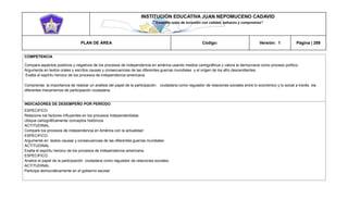 INSTITUCIÓN EDUCATIVA JUAN NEPOMUCENO CADAVID 
“Trazando rutas de inclusión con calidad, esfuerzo y compromiso” 
PLAN DE ÁREA Código: Versión: 1 Página | 289 
COMPETENCIA 
Compara aspectos positivos y negativos de los procesos de independencia en américa usando medios cartográficos y valora la democracia como proceso político. 
Argumenta en textos orales y escritos causas y consecuencias de las diferentes guerras mundiales y el origen de los afro descendientes. 
Exalta el espíritu heroico de los procesos de independencia americana. 
Comprenda la importancia de realizar un análisis del papel de la participación ciudadana como regulador de relaciones sociales entre lo económico y lo social a través los diferentes mecanismos de participación ciudadana. 
INDICADORES DE DESEMPEÑO POR PERÍODO 
ESPECIFICO 
Relacione los factores influyentes en los procesos independentistas 
Ubique cartográficamente conceptos históricos 
ACTITUDINAL 
Compare los procesos de independencia en América con la actualidad 
ESPECIFICO 
Argumente en textos causas y consecuencias de las diferentes guerras mundiales 
ACTITUDINAL 
Exalta el espíritu heroico de los procesos de independencia americana. 
ESPECIFICO. 
Analice el papel de la participación ciudadana como regulador de relaciones sociales. 
ACTITUDINAL 
Participa democráticamente en el gobierno escolar 
 