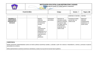 INSTITUCIÓN EDUCATIVA JUAN NEPOMUCENO CADAVID 
“Trazando rutas de inclusión con calidad, esfuerzo y compromiso” 
PLAN DE ÁREA Código: Versión: 1 Página | 296 
existentes en Colombia Colombia DESARROLLO COMPROMISOS PERSONALES Y SOCIALES Respeto diferentes posturas frente a los fenómenos sociales. Utilizo mecanismos de participación establecidos en la Constitución y en organizaciones a las que pertenezco. Participación democrática Aplicación de conceptos sociales básicos al momento de proponer ideas que hagan parte de la democracia y propendan por el cambio social Proposición de ideas que permitan una cambio social Atienda las diferentes consideraciones existentes en un cambio social. 
COMPETENCIA 
Plantea situaciones problematizadoras acerca de hechos políticos económicos sociales y culturales a partir de la lectura e interpretación y vivencia y promueve el ejercicio democrático en su entorno. 
Defina asertivamente los sectores económicos colombianos y evalúa el uso que de los recursos hace el gobierno.  