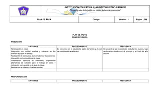 INSTITUCIÓN EDUCATIVA JUAN NEPOMUCENO CADAVID 
“Trazando rutas de inclusión con calidad, esfuerzo y compromiso” 
PLAN DE ÁREA Código: Versión: 1 Página | 298 
PLAN DE APOYO 
PRIMER PERIODO 
NIVELACIÓN 
CRITERIOS 
PROCEDIMIENTO 
FRECUENCIA 
Participación en clase. 
Integración con actitud positiva y tolerante en los diversos equipos de trabajo. 
Realización de concursos. Conversatorios. Exposiciones. Interacción con compañeros de clase. 
Presentación oportuna de materiales, proponiendo alternativas de solución para el trabajo en clase y motivación permanente en el aula de clase. 
Realización de talleres, Pruebas escritas. 
En convenio con el estudiante, padre de familia y el aval de coordinación académica. 
De acuerdo a las necesidades (estudiantes nuevos, bajo rendimiento académico) al principio y al final del año escolar 
PROFUNDIZACIÓN 
CRITERIOS 
PROCEDIMIENTO 
FRECUENCIA  