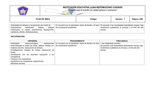 INSTITUCIÓN EDUCATIVA JUAN NEPOMUCENO CADAVID 
“Trazando rutas de inclusión con calidad, esfuerzo y compromiso” 
PLAN DE ÁREA Código: Versión: 1 Página | 299 
Actividades de refuerzo y recuperación por medio de 
Explicaciones individuales, Talleres, trabajos individuales, en equipo, evaluaciones, exposiciones, carteleras, afiches, dramatizaciones 
En convenio con el estudiante, padre de familia y el aval de coordinación académica. 
De acuerdo a las necesidades (estudiantes nuevos, bajo rendimiento académico) al principio y al final del año escolar 
RECUPERACIÓN 
CRITERIOS 
PROCEDIMIENTO 
FRECUENCIA 
Actividades extracurriculares, explicaciones personalizadas a través de fichas, talleres, trabajo con material concreto, observación de láminas. 
Investigaciones, trabajos de campo, elaboración de fichas. 
Socialización con las docentes, exposición a los compañeros. 
Tutorías a los compañeros. 
Ayudantía a los compañeros, explicaciones. 
Monitores del área. 
En convenio con el estudiante, padre de familia y el aval de coordinación académica. 
1 vez (finalizando período) 
De acuerdo a las necesidades (estudiantes nuevos, bajo rendimiento académico) al principio y al final del año escolar 
 