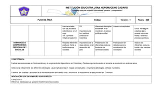 INSTITUCIÓN EDUCATIVA JUAN NEPOMUCENO CADAVID 
“Trazando rutas de inclusión con calidad, esfuerzo y compromiso” 
PLAN DE ÁREA Código: Versión: 1 Página | 309 
internacionales con los procesos colombianos en el siglo XIX y primera mitad del siglo XX. XX Importancia de los partidos políticos en Colombia diferentes ideologías existentes en el mundo en el campo política mundial mapas conceptuales Utiliza estrategias creativas para generar opciones frente a diversos procesos políticos. DESARROLLO COMPROMISOS PERSONALES Y SOCIALES Respeto diferentes posturas frente a los fenómenos sociales. Importancia de la clase obrera en el desarrollo del país Presentación de diferentes posturas frentes a los cambios sociales Participación en debates para la socialización de conceptos Aprecia las diferentes posturas frente a los cambios sociales 
COMPETENCIA 
Explica las revoluciones en Centroamérica y el surgimiento del bipartidismo en Colombia y Plantea argumentos sobre el tema de la revolución en américa latina. 
Selecciona críticamente las diferentes ideologías y sus implicaciones en mapas conceptuales y respeta las ideologías políticas mundiales. 
Clasifica los factores y acciones de la industrialización en nuestro país y reconozca la importancia de ese proceso en Colombia 
INDICADORES DE DESEMPEÑO POR PERÍODO 
ESPECIFICO 
Diferencie ideologías que gestaron trasformaciones sociales  
