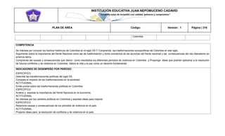 INSTITUCIÓN EDUCATIVA JUAN NEPOMUCENO CADAVID 
“Trazando rutas de inclusión con calidad, esfuerzo y compromiso” 
PLAN DE ÁREA Código: Versión: 1 Página | 316 
Colombia 
COMPETENCIA 
Se interesa por conocer los hechos históricos de Colombia en el siglo XX Y Comprenda las trasformaciones sociopolíticas de Colombia en ese siglo. 
Argumenta sobre la importancia del frente Nacional como eje de trasformación y toma conciencia de las acciones del frente nacional y las consecuencias del neo liberalismo en américa latina 
Comprenda las causas y consecuencias que dieron como resultados los diferentes periodos de violencia en Colombia y Proponga ideas que podrían aplicarse a la resolución de futuros conflictos y de violencia en Colombia. Valora la vida y la paz como un derecho fundamental 
INDICADORES DE DESEMPEÑO POR PERÍODO 
ESPECIFICO 
Describe las transformaciones políticas del siglo XX 
Compare el impacto de las trasformaciones en la sociedad 
ACTITUDINAL 
Emite juicios sobre las trasformaciones políticas en Colombia. 
ESPECIFICO 
Analice y exprese la importancia del frente Nacional en la economía. 
ACTITUDINAL 
Se interese por los cambios políticos en Colombia y exprese ideas para mejorar 
ESPECIFICO. 
Relaciona causas y consecuencias de los periodos de violencia en el país 
ACTITUDINAL. 
Propone ideas para la resolución de conflictos y de violencia en el país  