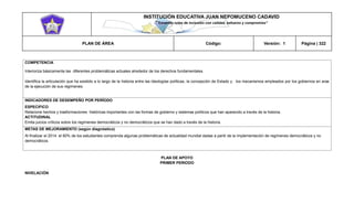 INSTITUCIÓN EDUCATIVA JUAN NEPOMUCENO CADAVID 
“Trazando rutas de inclusión con calidad, esfuerzo y compromiso” 
PLAN DE ÁREA Código: Versión: 1 Página | 322 
COMPETENCIA 
Interioriza básicamente las diferentes problemáticas actuales alrededor de los derechos fundamentales. 
Identifica la articulación que ha existido a lo largo de la historia entre las ideologías políticas, la concepción de Estado y los mecanismos empleados por los gobiernos en aras de la ejecución de sus regímenes. 
INDICADORES DE DESEMPEÑO POR PERÍODO 
ESPECIFICO 
Relacione hechos y trasformaciones históricas importantes con las formas de gobierno y sistemas políticos que han aparecido a través de la historia. 
ACTITUDINAL 
Emita juicios críticos sobre los regímenes democráticos y no democráticos que se han dado a través de la historia. 
METAS DE MEJORAMIENTO (según diagnóstico) 
Al finalizar el 2014 el 80% de los estudiantes comprenda algunas problemáticas de actualidad mundial dadas a partir de la implementación de regímenes democráticos y no democráticos. 
PLAN DE APOYO 
PRIMER PERIODO 
NIVELACIÓN 
 