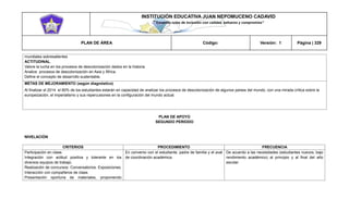 INSTITUCIÓN EDUCATIVA JUAN NEPOMUCENO CADAVID 
“Trazando rutas de inclusión con calidad, esfuerzo y compromiso” 
PLAN DE ÁREA Código: Versión: 1 Página | 329 
mundiales sobresalientes 
ACTITUDINAL. 
Valore la lucha en los procesos de descolonización dados en la historia 
Analice procesos de descolonización en Asia y África. 
Define el concepto de desarrollo sustentable. 
METAS DE MEJORAMIENTO (según diagnóstico) 
Al finalizar el 2014 el 80% de los estudiantes estarán en capacidad de analizar los procesos de descolonización de algunos países del mundo, con una mirada crítica sobre la europeización, el imperialismo y sus repercusiones en la configuración del mundo actual. 
PLAN DE APOYO 
SEGUNDO PERIODO 
NIVELACIÓN 
CRITERIOS 
PROCEDIMIENTO 
FRECUENCIA 
Participación en clase. 
Integración con actitud positiva y tolerante en los diversos equipos de trabajo. 
Realización de concursos. Conversatorios. Exposiciones. Interacción con compañeros de clase. 
Presentación oportuna de materiales, proponiendo 
En convenio con el estudiante, padre de familia y el aval de coordinación académica. 
De acuerdo a las necesidades (estudiantes nuevos, bajo rendimiento académico) al principio y al final del año escolar  
