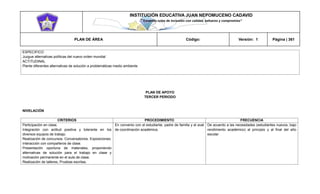 INSTITUCIÓN EDUCATIVA JUAN NEPOMUCENO CADAVID 
“Trazando rutas de inclusión con calidad, esfuerzo y compromiso” 
PLAN DE ÁREA Código: Versión: 1 Página | 361 
ESPECIFICO 
Juzgue alternativas políticas del nuevo orden mundial 
ACTITUDINAL 
Plante diferentes alternativas de solución a problemáticas medio ambiente 
PLAN DE APOYO 
TERCER PERIODO 
NIVELACIÓN 
CRITERIOS 
PROCEDIMIENTO 
FRECUENCIA 
Participación en clase. 
Integración con actitud positiva y tolerante en los diversos equipos de trabajo. 
Realización de concursos. Conversatorios. Exposiciones. Interacción con compañeros de clase. 
Presentación oportuna de materiales, proponiendo alternativas de solución para el trabajo en clase y motivación permanente en el aula de clase. 
Realización de talleres, Pruebas escritas. 
En convenio con el estudiante, padre de familia y el aval de coordinación académica. 
De acuerdo a las necesidades (estudiantes nuevos, bajo rendimiento académico) al principio y al final del año escolar  