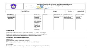 INSTITUCIÓN EDUCATIVA JUAN NEPOMUCENO CADAVID 
“Trazando rutas de inclusión con calidad, esfuerzo y compromiso” 
PLAN DE ÁREA Código: Versión: 1 Página | 365 
DESARROLLO COMPROMISOS PERSONALES Y SOCIALES Asumo una posición crítica frente a las situaciones de discriminación ante posiciones ideológicas y propongo mecanismos para cambiar estas situaciones Ideologías. Interpretación de diferentes posturas ideológicas. Construcción de escritos tipo ensayo sobre diferentes posturas ideológicas. Valora los aportes de diferentes posturas ideológicas. 
COMPETENCIA 
Identificación de diferentes modelos de desarrollo económico, sus ventajas y desventajas. 
Comprensión de los procesos del neoliberalimo y la globalización en los mercados globales. 
Identificación del neoliberalismo, la globalización y la autonomía de los pueblos. 
INDICADORES DE DESEMPEÑO POR PERÍODO 
ESPECIFICO 
Analice diferentes modelos de desarrollo económico 
Diferencie y establezca relaciones entre el neoliberalismo y la globalización 
ACTITUDINAL 
Cuestione los modelos económicos implementados en aras de la globalización y el neoliberalismo.  