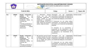 INSTITUCIÓN EDUCATIVA JUAN NEPOMUCENO CADAVID 
“Trazando rutas de inclusión con calidad, esfuerzo y compromiso” 
PLAN DE ÁREA Código: Versión: 1 Página | 369 
Uno 
GRADO 
2 
Estudio, comprensión y práctica de la Constitución y la instrucción cívica. 
Constitución política de Colombia 1991; 
Ley 115/1994Ley1029/2006.LineamientosCurricularesde Constitución Política yDemocracia. 
 Reconozco algunas normas que han sido construidas socialmente y distingo aquellas en cuya construcción y modificación puedo participar (normas del hogar, manual de convivencia escolar, código de transito) 
1ªFormación de las subjetividades democráticas. Componentes: (a) Desarrollo de la autonomía y juicio político, (b) Desarrollo de las competencias dialógicas y comunicativas. 
2ª Construcción de una cultura política. Componentes: (a) Construcción de la esfera de lo público y (b) Construcción de identidades colectivas. 
3ª Formación en el conocimiento y comprensión de las instituciones y de la dinámica política. Componentes: (a) Análisis de situaciones y (b) Conocimiento de la Constitución). 
Ciencias sociales 
Uno 
GRADO 
3 
Estudio, comprensión y práctica de la Constitución y la instrucción cívica. 
Constitución política de Colombia 1991; 
Ley 115/1994Ley1029/2006.LineamientosCurricularesde 
 Me reconozco como ser social e histórico miembro de un país con diversas etnias y culturas, con un legado que genera identidad nacional 
1ªFormación de las subjetividades democráticas. Componentes: (a) Desarrollo de la autonomía y juicio político, (b) Desarrollo de las competencias dialógicas y comunicativas. 
2ª Construcción de una cultura política. Componentes: (a) Construcción de la esfera de lo público y (b) Construcción de identidades colectivas. 
Ciencias sociales  