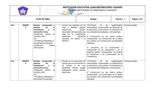 INSTITUCIÓN EDUCATIVA JUAN NEPOMUCENO CADAVID 
“Trazando rutas de inclusión con calidad, esfuerzo y compromiso” 
PLAN DE ÁREA Código: Versión: 1 Página | 371 
Uno 
GRADO 
5 
Estudio, comprensión y práctica de la Constitución y la instrucción cívica. 
Constitución política de Colombia 1991; 
Ley 115/1994Ley1029/2006.LineamientosCurricularesde Constitución Política yDemocracia. 
 Conozco los derechos de los niños e identifico algunas instituciones locales, nacionales internacionales que velan por su cumplimiento (personería estudiantil comisaria de familia y la UNICEF) 
1ªFormación de las subjetividades democráticas. Componentes: (a) Desarrollo de la autonomía y juicio político, (b) Desarrollo de las competencias dialógicas y comunicativas. 
2ª Construcción de una cultura política. Componentes: (a) Construcción de la esfera de lo público y (b) Construcción de identidades colectivas. 
3ª Formación en el conocimiento y comprensión de las instituciones y de la dinámica política. Componentes: (a) Análisis de situaciones y (b) Conocimiento de la Constitución). 
Ciencias sociales 
Uno 
GRADO 
6 
Estudio, comprensión y práctica de la Constitución y la instrucción cívica. 
Constitución política de Colombia 1991; 
Ley 115/1994Ley1029/2006.LineamientosCurricularesde 
 Participo en la construcción de normas para la convivencia en los grupos a los que pertenezco (familia colegio organización juvenil, equipos deportivos) 
1ªFormación de las subjetividades democráticas. Componentes: (a) Desarrollo de la autonomía y juicio político, (b) Desarrollo de las competencias dialógicas y comunicativas. 
2ª Construcción de una cultura política. Componentes: (a) Construcción de la esfera de lo público y (b) Construcción de identidades colectivas. 
Ciencias sociales  