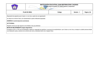 INSTITUCIÓN EDUCATIVA JUAN NEPOMUCENO CADAVID 
“Trazando rutas de inclusión con calidad, esfuerzo y compromiso” 
PLAN DE ÁREA Código: Versión: 1 Página | 54 
Represente los aspectos que lo hacen un ser único y parte de una organización 
se ubique en el entorno físico y de representación usando referentes espaciales 
GENÉRICO: los del manual de convivencia 
ACTITUDINAL: 
Respete normas que rigen algunas comunidades a las que pertenece 
METAS DE MEJORAMIENTO (según diagnóstico) 
Al finalizar el 2014 el 70% de los estudiantes estarán en capacidad de identificar y reconocer las características que lo hacen un ser único y manejar el cuidado personal desde una interacción social y cultural con su entorno así como y orientarse dentro de un espacio físico 
 