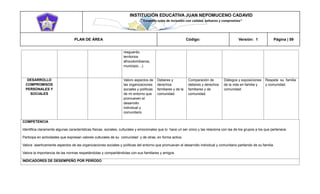 INSTITUCIÓN EDUCATIVA JUAN NEPOMUCENO CADAVID 
“Trazando rutas de inclusión con calidad, esfuerzo y compromiso” 
PLAN DE ÁREA Código: Versión: 1 Página | 59 
resguardo, territorios afrocolombianos, municipio…). DESARROLLO COMPROMISOS PERSONALES Y SOCIALES Valoro aspectos de las organizaciones sociales y políticas de mi entorno que promueven el desarrollo individual y comunitario Deberes y derechos familiares y de la comunidad. Comparación de deberes y derechos familiares y de comunidad. Diálogos y exposiciones de la vida en familia y comunidad. Respeta su familia y comunidad. 
COMPETENCIA 
Identifica claramente algunas características físicas, sociales, culturales y emocionales que lo hace un ser único y las relaciona con las de los grupos a los que pertenece. 
Participa en actividades que expresan valores culturales de su comunidad y de otras, en forma activa. 
Valora asertivamente aspectos de las organizaciones sociales y políticas del entorno que promuevan el desarrollo individual y comunitario partiendo de su familia. 
Valora la importancia de las normas respetándolas y compartiéndolas con sus familiares y amigos. 
INDICADORES DE DESEMPEÑO POR PERÍODO  