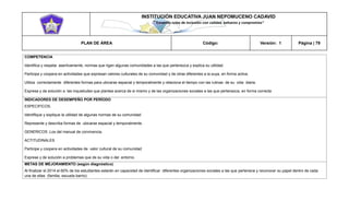 INSTITUCIÓN EDUCATIVA JUAN NEPOMUCENO CADAVID 
“Trazando rutas de inclusión con calidad, esfuerzo y compromiso” 
PLAN DE ÁREA Código: Versión: 1 Página | 79 
COMPETENCIA 
Identifica y respeta asertivamente, normas que rigen algunas comunidades a las que pertenezca y explica su utilidad. 
Participa y coopera en actividades que expresan valores culturales de su comunidad y de otras diferentes a la suya, en forma activa. 
Utiliza correctamente diferentes formas para ubicarse espacial y temporalmente y relaciona el tiempo con las rutinas de su vida diaria. 
Expresa y da solución a las inquietudes que plantea acerca de si mismo y de las organizaciones sociales a las que pertenezca, en forma correcta 
INDICADORES DE DESEMPEÑO POR PERÍODO 
ESPECIFICOS. 
Identifique y explique la utilidad de algunas normas de su comunidad 
Represente y describa formas de ubicarse espacial y temporalmente. 
GENERICOS .Los del manual de convivencia. 
ACTITUDINALES 
Participe y coopera en actividades de valor cultural de su comunidad 
Exprese y de solución a problemas que de su vida o del entorno. 
METAS DE MEJORAMIENTO (según diagnóstico) 
Al finalizar el 2014 el 60% de los estudiantes estarán en capacidad de identificar diferentes organizaciones sociales a las que pertenece y reconocer su papel dentro de cada una de ellas (familia, escuela barrio)  