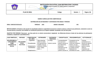 INSTITUCIÓN EDUCATIVA JUAN NEPOMUCENO CADAVID 
“Trazando rutas de inclusión con calidad, esfuerzo y compromiso” 
PLAN DE ÁREA Código: Versión: 1 Página | 96 
DISEÑO CURRICULAR POR COMPETENCIAS 
DISTRIBUCIÓN DE ESTÁNDARES Y CONTENIDOS POR GRADO Y PERÍODO 
ÁREA: CIENCIAS SOCIALES PERÍODO: UNO GRADO: SEGUNDO IHS: 
META DE GRADO: Al finalizar el año escolar los estudiantes estarán en capacidad de reconocer el entorno natural y cultural al que pertenecen, valorando no solo los recursos físicos y humanos, sino también su contribución personal con el espacio habitado, socializado, del cual hace parte. 
OBJETIVO POR PERIODO: Reconocer que hace parte de un entorno sociocultural, respetando las diferencias étnicas a través de las prácticas de participación ciudadana y respetando la pluralidad étnica 
EJES TEMÁTICOS ENFOQUE COMPETENCIAS DEL ÁREA ESTÁNDARES CONTENIDOS TEMÁTICOS CONCEPTUALES PROCEDIMENTALES ACTITUDINALES ME APROXIMO AL CONOCIMIENTO COMO CIENTÍFICO (A) SOCIAL RELACIONES ETICO POLITICAS Cognitivas Procedimental. Interpersonal o socializadora Intrapersonal o Hago preguntas sobre mí y sobre las organizaciones sociales a las que pertenezco (familia, curso, colegio, Barrio...). El colegio Gobierno escolar Conceptualización de lo que es el gobierno escolar de las instituciones educativas Descripción de las funciones del gobierno escolar de Comparación de los estamentos que conforman el gobierno escolar y los que componen la familia y el contexto cercano Realización de actividades de orden Participa activamente en la elección de algunos estamentos del gobierno escolar Valora la importancia del gobierno escolar en  