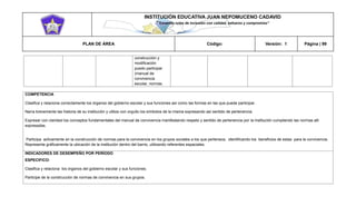 INSTITUCIÓN EDUCATIVA JUAN NEPOMUCENO CADAVID 
“Trazando rutas de inclusión con calidad, esfuerzo y compromiso” 
PLAN DE ÁREA Código: Versión: 1 Página | 99 
construcción y modificación puedo participar (manual de convivencia escolar, normas. 
COMPETENCIA 
Clasifica y relaciona correctamente los órganos del gobierno escolar y sus funciones así como las formas en las que puede participar. 
Narra brevemente las historia de su institución y utiliza con orgullo los símbolos de la misma expresando así sentido de pertenencia. 
Expresar con claridad los conceptos fundamentales del manual de convivencia manifestando respeto y sentido de pertenencia por la institución cumpliendo las normas allí expresadas. 
Participa activamente en la construcción de normas para la convivencia en los grupos sociales a los que pertenece, identificando los beneficios de estas para la convivencia. 
Representa gráficamente la ubicación de la institución dentro del barrio, utilizando referentes espaciales. 
INDICADORES DE DESEMPEÑO POR PERÍODO 
ESPECIFICO: 
Clasifica y relaciona los órganos del gobierno escolar y sus funciones. 
Participe de la construcción de normas de convivencia en sus grupos.  