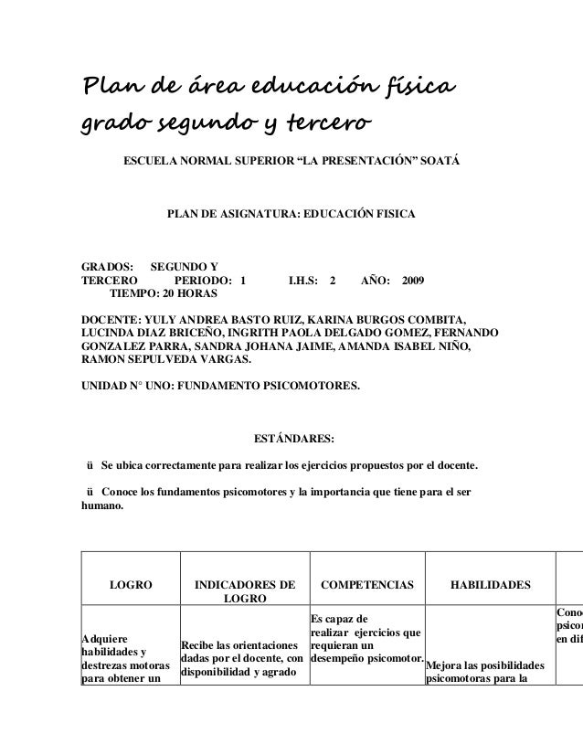 Plan de área educación física grado segundo y tercero