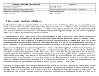 ACTIVIDADES DE CULMINACIÓN – EVALUACIÓN PRODUCTOS
Realización de juegos dirigidos Dominio de técnicas
Ejecución de juegos libres Dominio de técnicas
Realización de prueba lúdica: preguntas y respuestas Nivel de conocimiento frente a los predeportivos y predancísticos
Realización de autoevaluación por parte del estudiante Autoconcepto evaluativo
Revisión del docente. Ajuste y corrección
8. Los recursos y estrategias pedagógicas:
La Educación Física adquiere unas particularidades que la diferencian de otras disciplinas del saber y que a su vez establecen unos
modos particulares en su configuración teórico-práctica. El cuerpo y la motricidad, en su sentido más amplio, determinan un abordaje
diferente desde los procesos de enseñanza-aprendizaje y en correspondencia al sujeto que se pretende formar. Si las teorías educativas
dan cuenta de la complejidad del ser humano, en razón del reconocimiento de su singularidad biológica y cultural, entonces, la pedagogía
deberá hacer su reflexión desde esa misma complejidad manifiesta.
Es pertinente entonces que la Educación Física como practica pedagógica, al decir de Morín (1999), pueda enseñar más allá de los
contenidos y exponga problemas centrales que generalmente son ignorados y olvidados. No se puede concebir una traslación ingenua y
estéril de contenidos que poco o nada ayuden en el desarrollo humano del sujeto y en su forma de ser y estar en el mundo, pues el sujeto
debe tener lecturas acertadas acerca de sí mismo, de los otros y de la sociedad en la que vive. Así, debe identificarse los orígenes de
errores, de ilusiones y de cegueras propios del conocimiento que permitan establecer otros modos de acercamiento para su comprensión.
De igual manera, debe propiciarse un conocimiento pertinente en atención a: el contexto, lo global, lo multidimensional y lo complejo, con
el fin de abordar problemáticas generales pero que respondan a lo local. Conocimiento que permita conocer el mundo y sus dinámicas, a
través de experiencias particulares y contextualizadas. La Educación Física, además, debe reconocer la condición humana de los sujetos,
aspecto que parte desde la realización de unos interrogantes ontológicos; ¿Quiénes somos?, ¿Dónde estamos? ¿De dónde venimos? ¿A
dónde vamos? (Morín, 1999) Existe entonces un reconocimiento corporal que supera lo biológico para aprehender y reconocer la
condición humana y el reconocimiento a su vez, de otras culturas, de otras formas de estar en el mundo. El cuerpo confina diferente
esferas que permiten la comunicación y la expresión, en él se inscriben las manifestaciones de la cultura, pero además determina y está
inmerso en la modificación del contexto social (Bustamante, Arteaga, González, Chaverra y Gaviria, 2012).
Finalmente, en líneas apretadas, debe enfrentarse las incertidumbres, enseñar la comprensión y responder a la ética del género humano
desde la Educación Física. Esto supone el enfrentamiento de obstáculos y la superación de retos desde el reconocimiento de sí mismo y
el respeto por los otros, la comprensión de la condición humana, de la configuración del planeta y el respeto por el espacio físico y vital
que habitamos. Pues “individuo - sociedad - especie son no solamente inseparables sino coproductores el uno del otro. Cada uno de
 