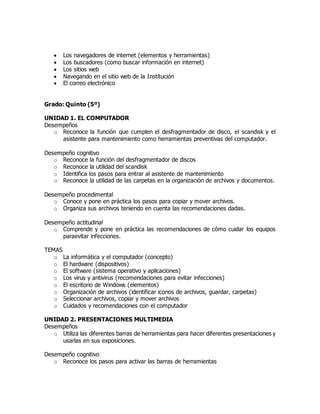  Los navegadores de internet (elementos y herramientas)
 Los buscadores (como buscar información en internet)
 Los sitios web
 Navegando en el sitio web de la Institución
 El correo electrónico
Grado: Quinto (5º)
UNIDAD 1. EL COMPUTADOR
Desempeños
o Reconoce la función que cumplen el desfragmentador de disco, el scandisk y el
asistente para mantenimiento como herramientas preventivas del computador.
Desempeño cognitivo
o Reconoce la función del desfragmentador de discos
o Reconoce la utilidad del scandisk
o Identifica los pasos para entrar al asistente de mantenimiento
o Reconoce la utilidad de las carpetas en la organización de archivos y documentos.
Desempeño procedimental
o Conoce y pone en práctica los pasos para copiar y mover archivos.
o Organiza sus archivos teniendo en cuenta las recomendaciones dadas.
Desempeño actitudinal
o Comprende y pone en práctica las recomendaciones de cómo cuidar los equipos
paraevitar infecciones.
TEMAS
o La informática y el computador (concepto)
o El hardware (dispositivos)
o El software (sistema operativo y aplicaciones)
o Los virus y antivirus (recomendaciones para evitar infecciones)
o El escritorio de Windows (elementos)
o Organización de archivos (identificar iconos de archivos, guardar, carpetas)
o Seleccionar archivos, copiar y mover archivos
o Cuidados y recomendaciones con el computador
UNIDAD 2. PRESENTACIONES MULTIMEDIA
Desempeños
o Utiliza las diferentes barras de herramientas para hacer diferentes presentaciones y
usarlas en sus exposiciones.
Desempeño cognitivo
o Reconoce los pasos para activar las barras de herramientas
 