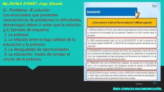 7/29/2017 21
G.- Problema -Æ solución:
Los enunciados que presenten
características de problemas (o dificultades,
desventajas) deben ir antes que la solución.
g.1) Ejemplo de esquema:
1. La pobreza.
2. La relación entre la baja calidad de la
educación y la pobreza.
3. La desigualdad de oportunidades.
4. La educación: medio de romper el
círculo de la pobreza.
 