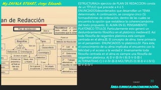 7/29/2017 30
ESTRUCTURAUn ejercicio de PLAN DE REDACCION consta
de un TÍTULO que precede a 4 ó 5
ENUNCIADOSdesordenados que desarrollan un TEMA
determinado. A continuación, se consigna cinco (5)
formasdistintas de ordenación, dentro de las cuales se
encuentra la opción que restablece la coherenciamáxima
del texto propuesto. EL ALMA EN EL PENSAMIENTO
PLATÓNICO TÍTULOI. Particularmente esto generó un
deslumbramiento filosófico en el platónico medieval.II. Así
toda filosofía de raigambre platónica está siempre
centrada en el alma.III. El concepto de alma, tiene primacía
en el pensamien- ENUNCIADOS to platónico.IV. Para éste,
el conocimiento de su alma implicaba el encuentro con la
felicidad y el acceso a la verdad.V. Inversamente toda
filosofía centrada en el alma es siempre una filosofía de
raigambre platónica. A) II-V-III-IV-I B) II-V-II-III-I
ALTERNATIVAS C) I-V-IV-III-II MÚLTIPLES D) III-II-V-I-IV E)
III-V-II-IV-I
 
