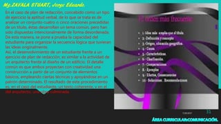 7/29/2017 31
En el caso de plan de redacción, concebido como un tipo
de ejercicio la aptitud verbal, de lo que se trata es de
analizar un conjunto cuatro o cinco oraciones precedidas
de un título, éstas desarrollan un tema común, pero han
sido dispuestas intencionalmente de forma desordenada.
De esta manera, se pone a prueba la capacidad del
estudiante para organizar la secuencia lógica que tuvieran
las ideas originalmente.
Así, el desenvolvimiento de un estudiante frente a un
ejercicio de plan de redacción, es similar a la actividad de
un arquitecto frente al diseño de un edificio. El detalle
común es que ambos proyectan con creatividad una
construcción a partir de un conjunto de elementos
básicos, empleando ciertas técnicas y apoyándose en un
patrón determinado. El resultado de este procedimiento
es, en el caso del estudiante, un texto coherente, y en el
del arquitecto, una obra culminada.
 