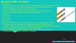 7/29/2017 35
Las pirámides
1. Poseen una base que se escalona hacia la cima, además de tener compartimientos internos.
2. Las pirámides son construcciones triangulares hechos de materiales rocosos.
3. Existen pirámides en México, India, Perú y Tailandia.
4. Estas se utilizaban para efectos religiosos, siendo las tumbas de los faraones.
5. Uno de las primeras ejemplares son las pirámides de Egipto.
a) 1-2-4-5
b) 2-3-5-1-4
c) 2-1-5-4-3
d) 2-5-1-3-4
e) 2-4-5-3-1
Utilizando el método T+Doce podemos resolver el ejercicio de la siguiente manera:
T+: Las pirámides son construcciones triangulares hechos de materiales rocosos.
D: Poseen una base que se escalona hacia la cima, además de tener compartimientos internos.
O: Uno de las primeras ejemplares son las pirámides de Egipto.
C: Estas se utilizaban para efectos religiosos, siendo las tumbas de los faraones.
E: Existen pirámides en México, India, Perú y Tailandia.
 
