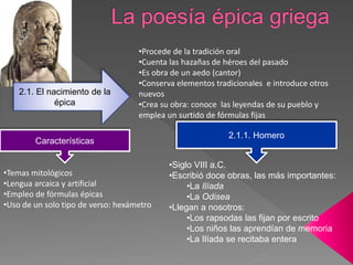2.1. El nacimiento de la
épica
•Procede de la tradición oral
•Cuenta las hazañas de héroes del pasado
•Es obra de un aedo (cantor)
•Conserva elementos tradicionales e introduce otros
nuevos
•Crea su obra: conoce las leyendas de su pueblo y
emplea un surtido de fórmulas fijas
Características
•Temas mitológicos
•Lengua arcaica y artificial
•Empleo de fórmulas épicas
•Uso de un solo tipo de verso: hexámetro
2.1.1. Homero
•Siglo VIII a.C.
•Escribió doce obras, las más importantes:
•La Ilíada
•La Odisea
•Llegan a nosotros:
•Los rapsodas las fijan por escrito
•Los niños las aprendían de memoria
•La Ilíada se recitaba entera
 