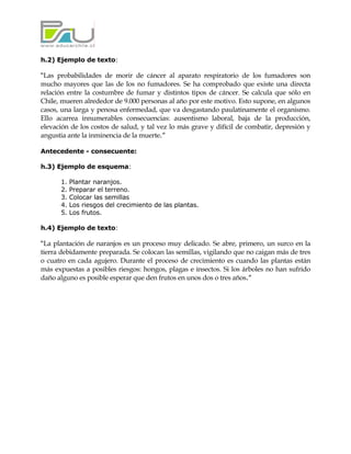 h.2) Ejemplo de texto:

“Las probabilidades de morir de cáncer al aparato respiratorio de los fumadores son
mucho mayores que las de los no fumadores. Se ha comprobado que existe una directa
relación entre la costumbre de fumar y distintos tipos de cáncer. Se calcula que sólo en
Chile, mueren alrededor de 9.000 personas al año por este motivo. Esto supone, en algunos
casos, una larga y penosa enfermedad, que va desgastando paulatinamente el organismo.
Ello acarrea innumerables consecuencias: ausentismo laboral, baja de la producción,
elevación de los costos de salud, y tal vez lo más grave y difícil de combatir, depresión y
angustia ante la inminencia de la muerte.”

Antecedente - consecuente:

h.3) Ejemplo de esquema:

      1.   Plantar naranjos.
      2.   Preparar el terreno.
      3.   Colocar las semillas
      4.   Los riesgos del crecimiento de las plantas.
      5.   Los frutos.

h.4) Ejemplo de texto:

“La plantación de naranjos es un proceso muy delicado. Se abre, primero, un surco en la
tierra debidamente preparada. Se colocan las semillas, vigilando que no caigan más de tres
o cuatro en cada agujero. Durante el proceso de crecimiento es cuando las plantas están
más expuestas a posibles riesgos: hongos, plagas e insectos. Si los árboles no han sufrido
daño alguno es posible esperar que den frutos en unos dos o tres años.”
 