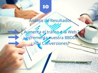 Análisis de Resultados
¿ Aumenta el tráfico a la Web ?
¿ Incrementa nuestra BBDD?
¿ Hay Conversiones?
www.monicaveravazquez.com
10